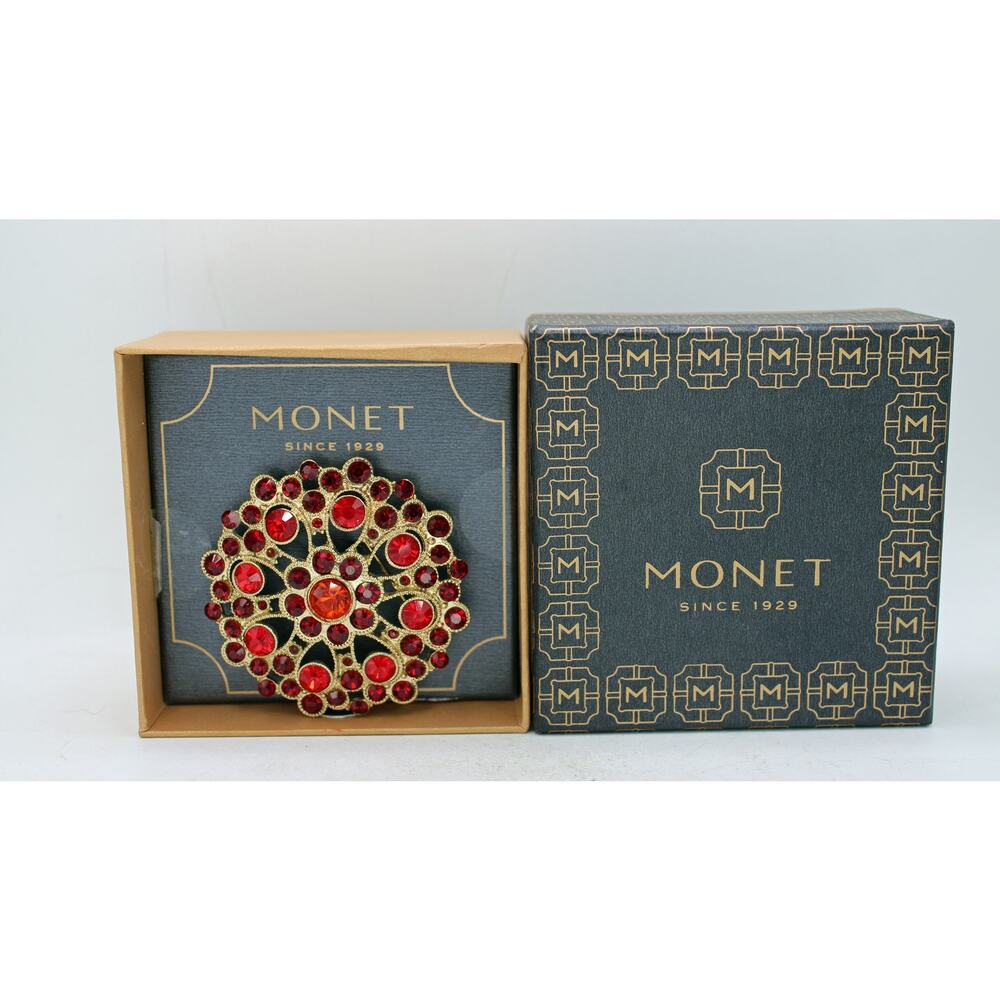 Vintage Monet Gold Tone Red Rhinestone Cluster Brooch in Baz Holiday Box